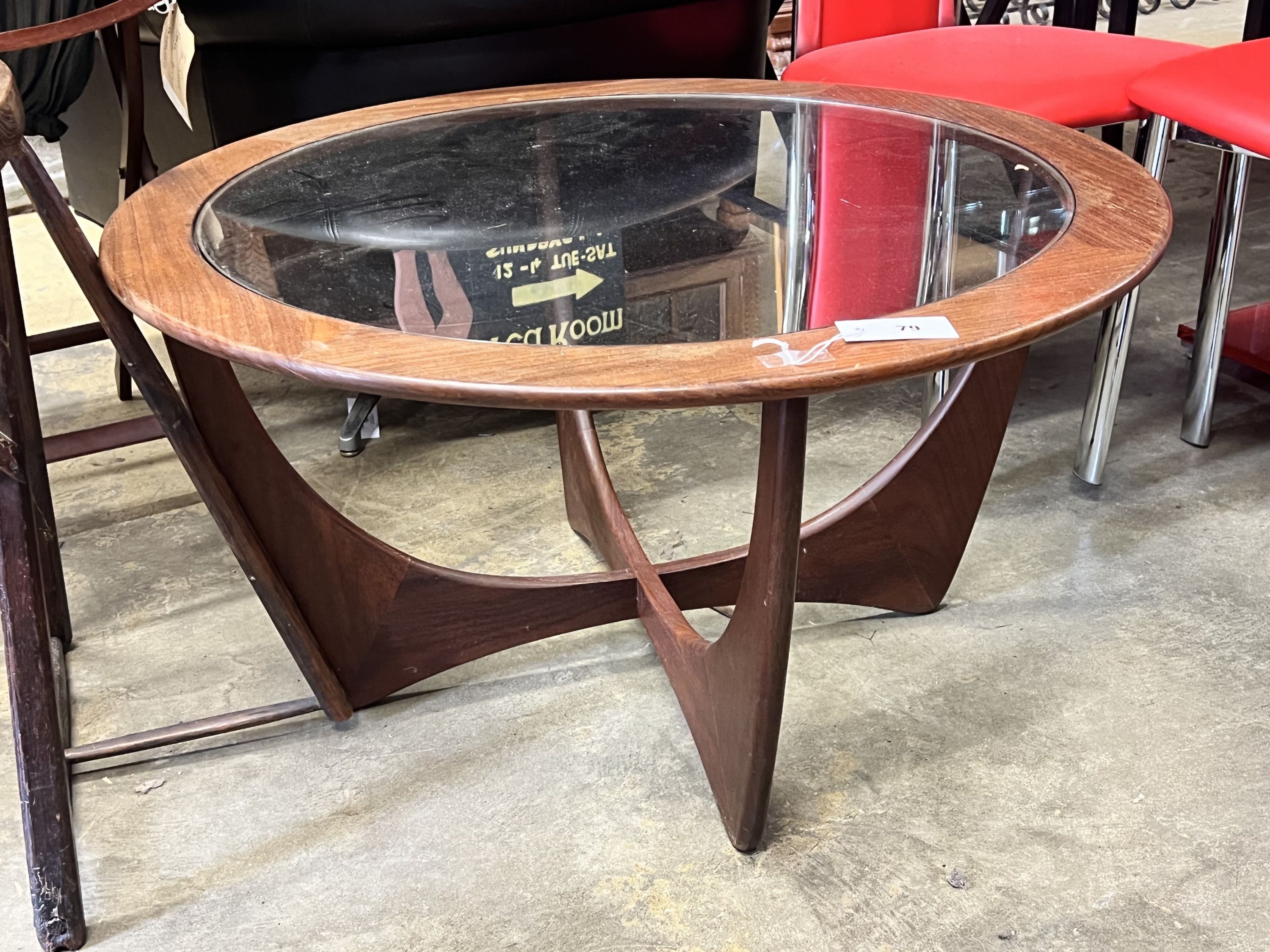 A circular G plan glass top teak coffee table, diameter 84cm height 46cm